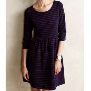 Anthropologie Maeve Brenna Dress 4 S XS Burgandy & Navy Stripe EUC Pocke…
